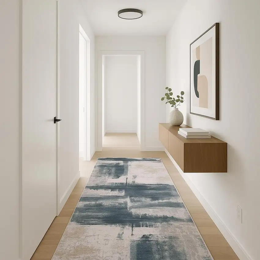 12' Blue And Beige Abstract Runner Rug Photo 2