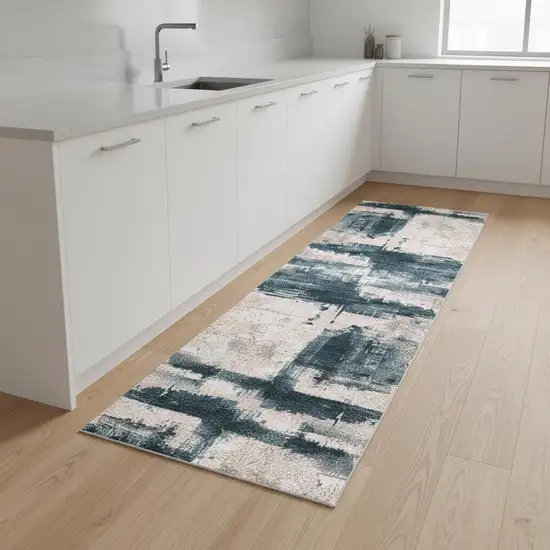 9' Blue And Beige Abstract Runner Rug Photo 1