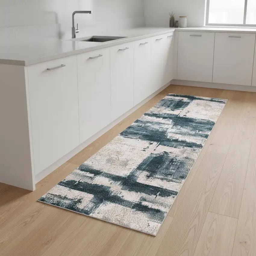 9' Blue And Beige Abstract Runner Rug Photo 1