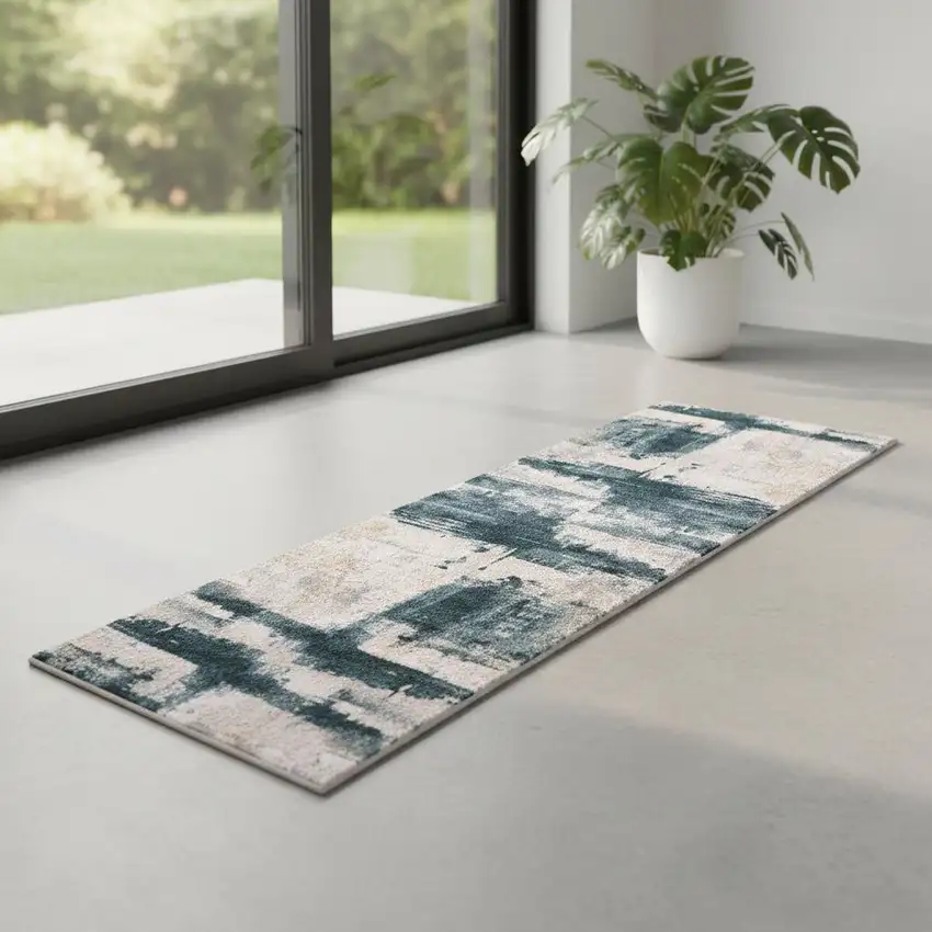 7' Blue And Beige Abstract Runner Rug Photo 1