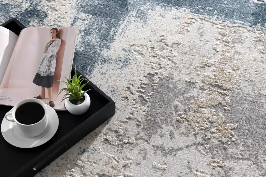 18' Blue And Beige Abstract Runner Rug Photo 6