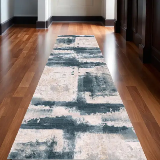 16' Blue And Beige Abstract Runner Rug Photo 1