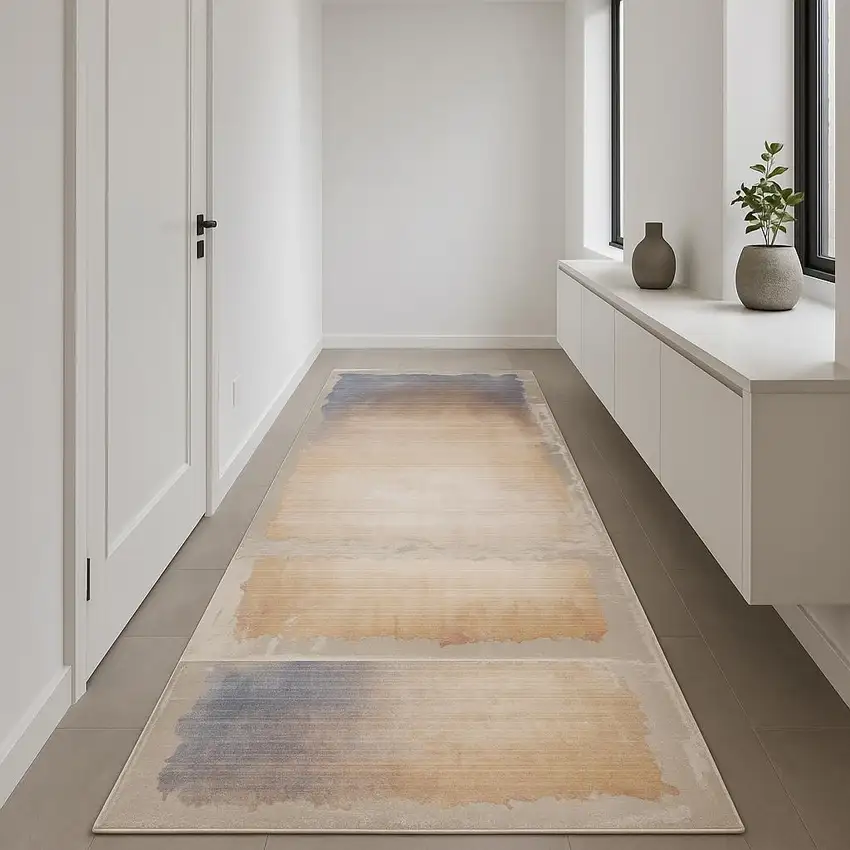 18' Blue And Beige Abstract Runner Rug Photo 1