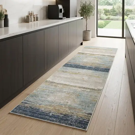 8' Blue And Beige Abstract Runner Rug Photo 1