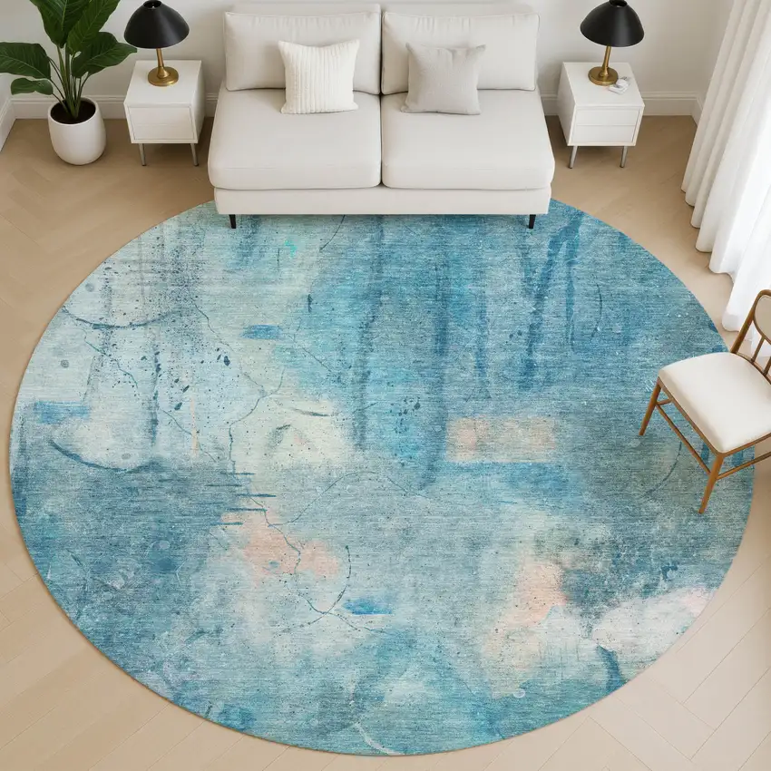 8' Blue And Beige Abstract Washable Round Rug With UV Protection Photo 5