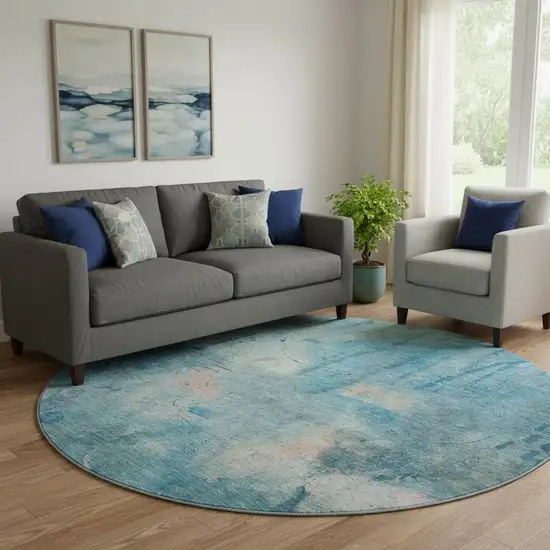 8' Blue And Beige Abstract Washable Round Rug With UV Protection Photo 2