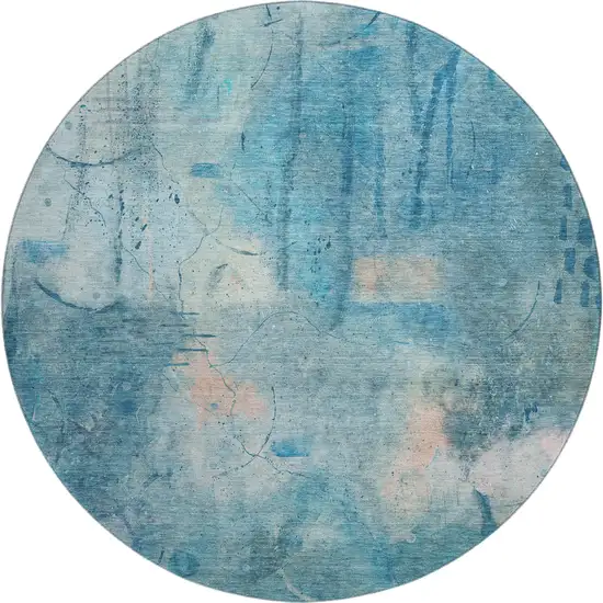 8' Blue And Beige Abstract Washable Round Rug With UV Protection Photo 1