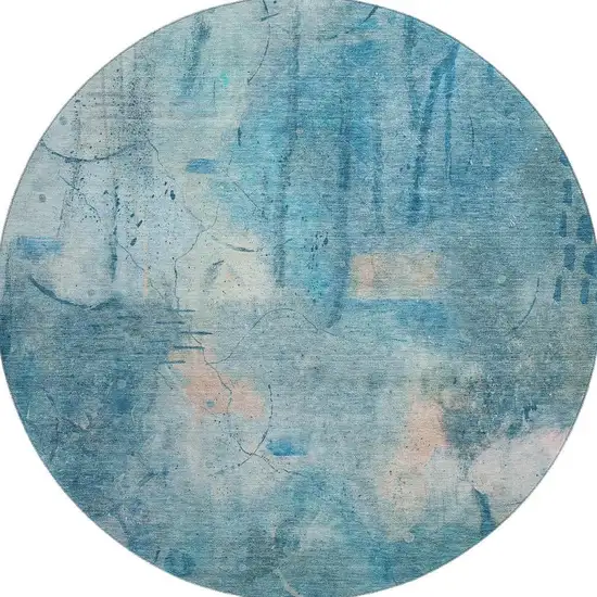 8' Blue And Beige Abstract Washable Round Rug With UV Protection Photo 4