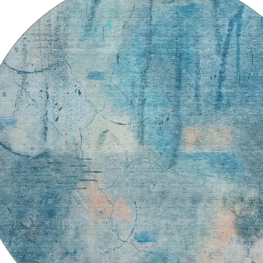 8' Blue And Beige Abstract Washable Round Rug With UV Protection Photo 3
