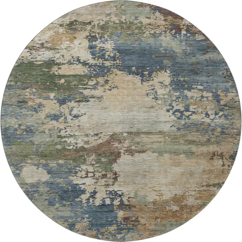 8' Blue And Beige Abstract Washable Round Rug With UV Protection Photo 4