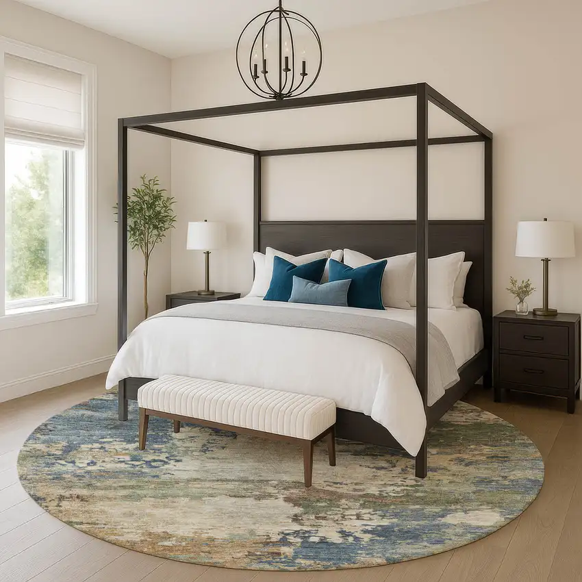 8' Blue And Beige Abstract Washable Round Rug With UV Protection Photo 5