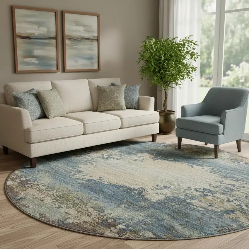 8' Blue And Beige Abstract Washable Round Rug With UV Protection Photo 2