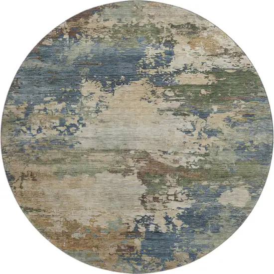 8' Blue And Beige Abstract Washable Round Rug With UV Protection Photo 1