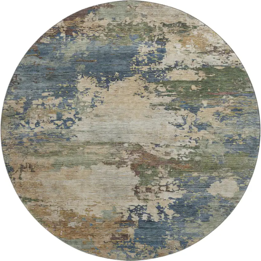 8' Blue And Beige Abstract Washable Round Rug With UV Protection Photo 1