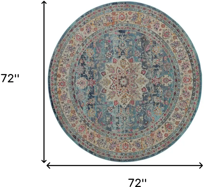 6' Blue And Beige Floral Distressed Round Rug Photo 3