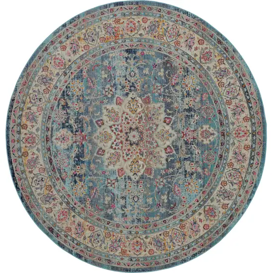 6' Blue And Beige Floral Distressed Round Rug Photo 1