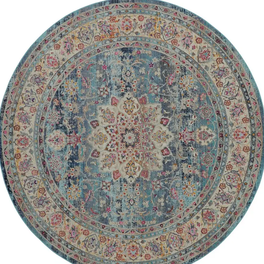 6' Blue And Beige Floral Distressed Round Rug Photo 9