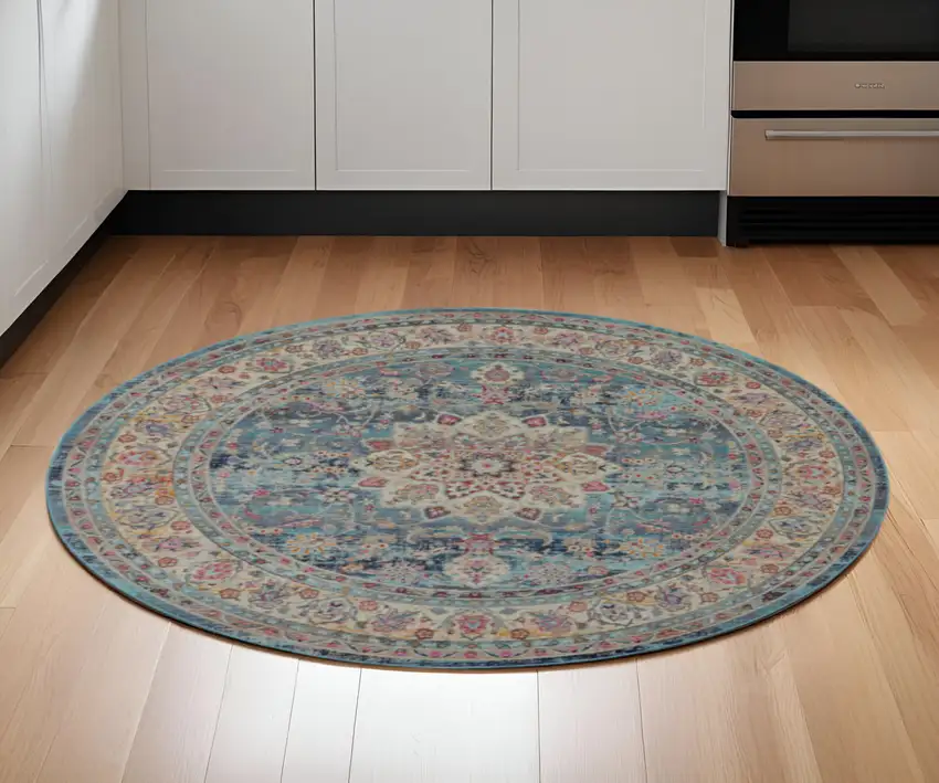 6' Blue And Beige Floral Distressed Round Rug Photo 1