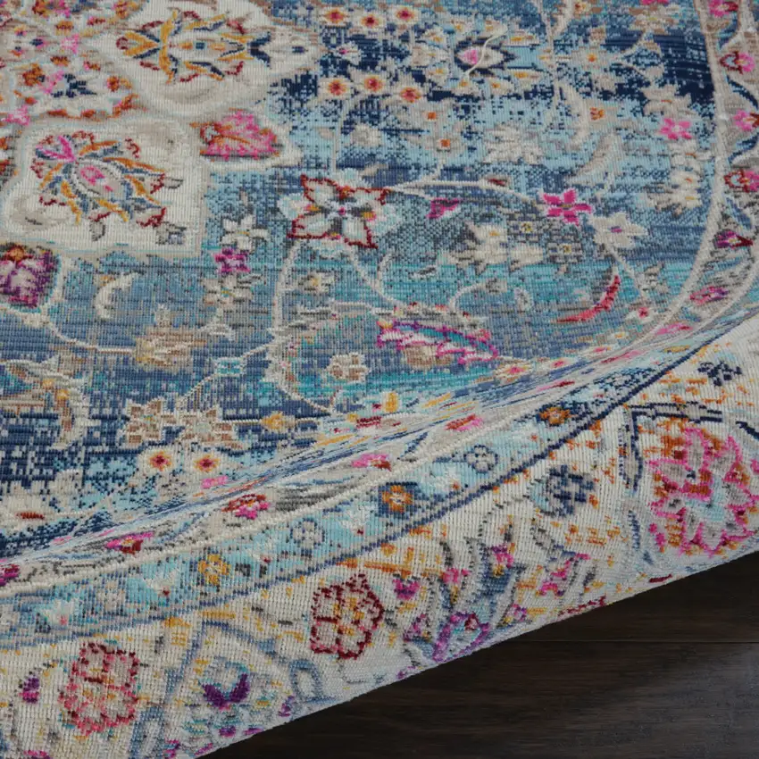 6' Blue And Beige Floral Distressed Round Rug Photo 7