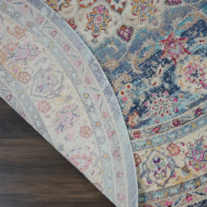 6' Blue And Beige Floral Distressed Round Rug Photo 8