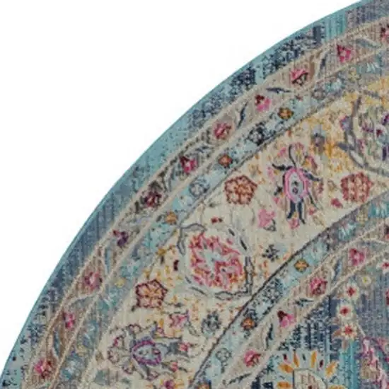 6' Blue And Beige Floral Distressed Round Rug Photo 4