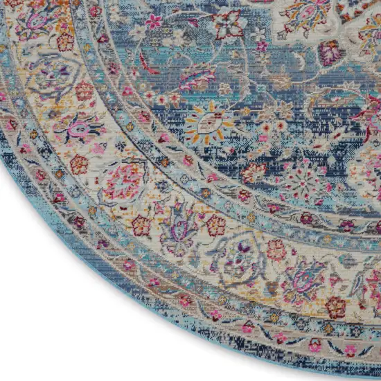 6' Blue And Beige Floral Distressed Round Rug Photo 7
