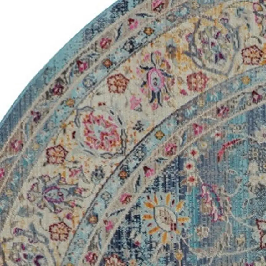 6' Blue And Beige Floral Distressed Round Rug Photo 8