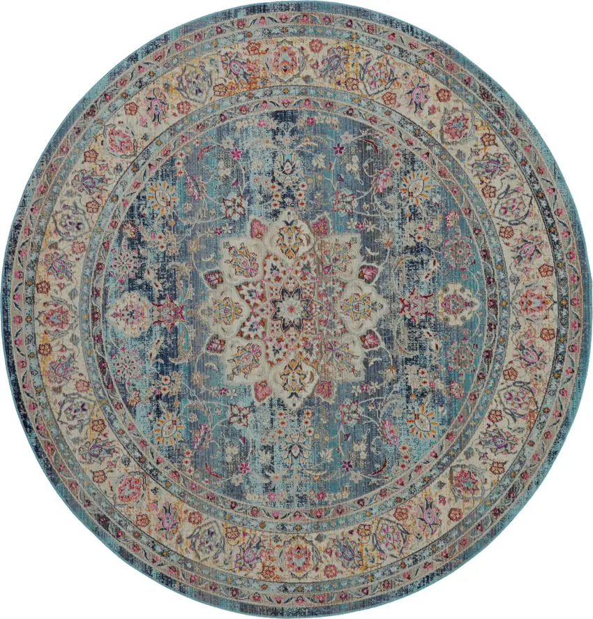 6' Blue And Beige Floral Distressed Round Rug Photo 2