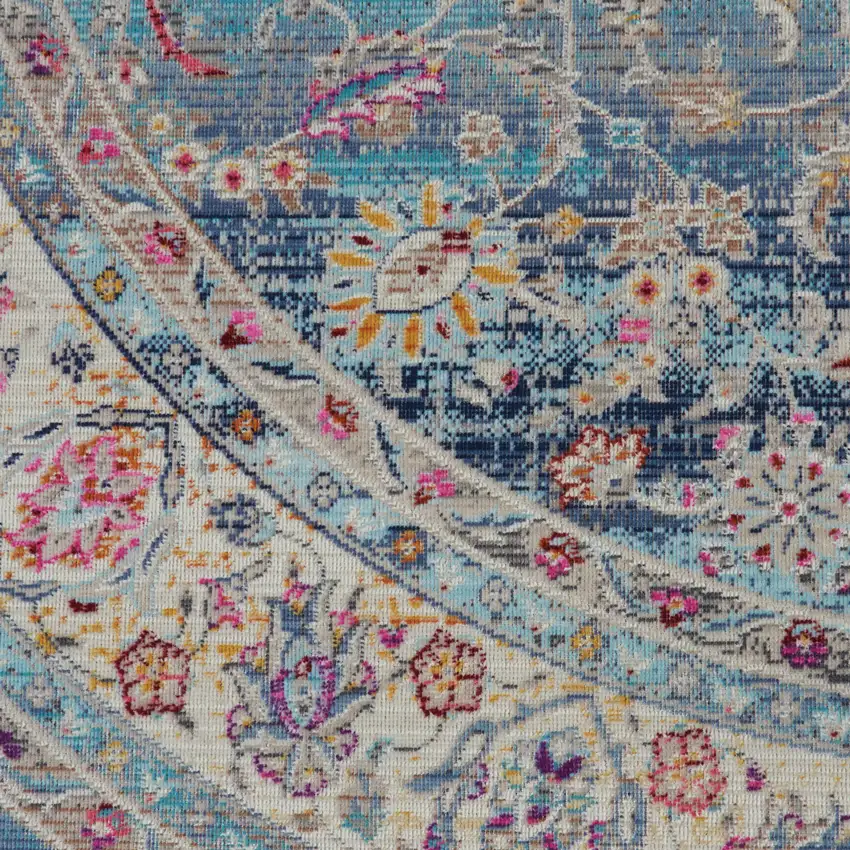 6' Blue And Beige Floral Distressed Round Rug Photo 5