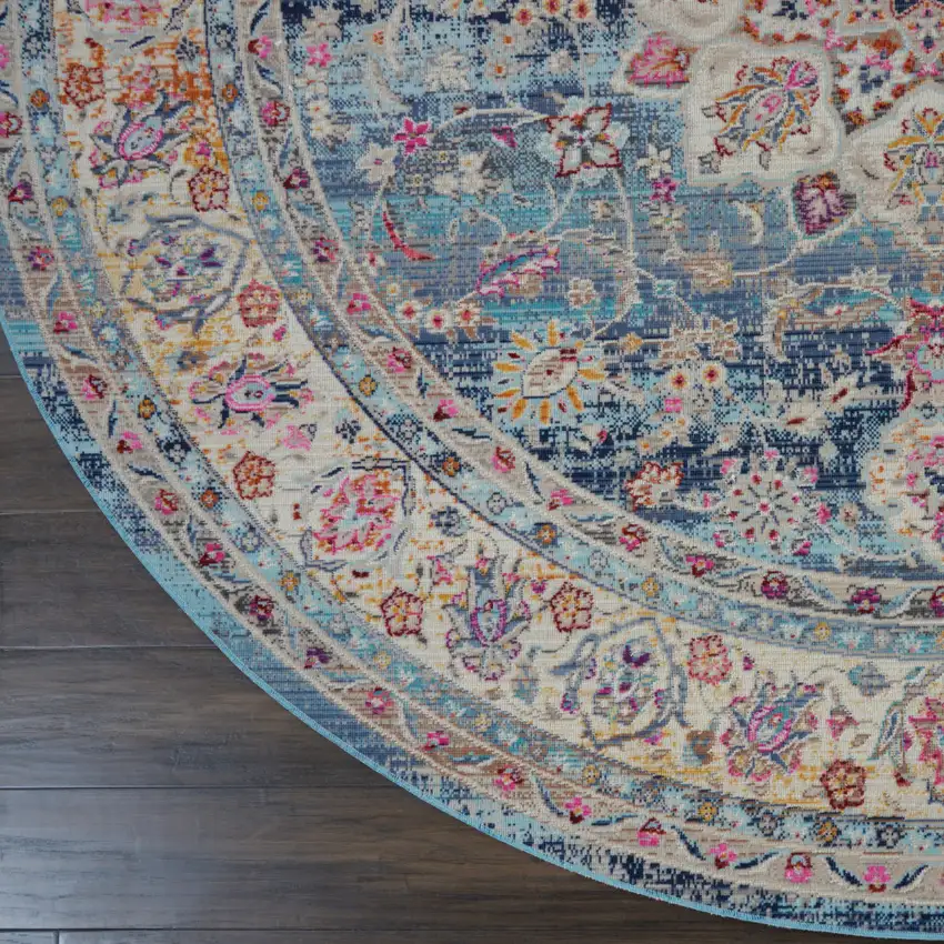 6' Blue And Beige Floral Distressed Round Rug Photo 9