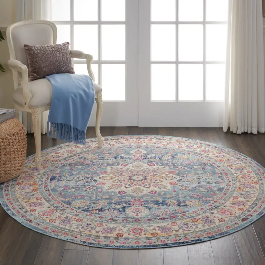 4' Blue And Beige Floral Distressed Round Rug Photo 6