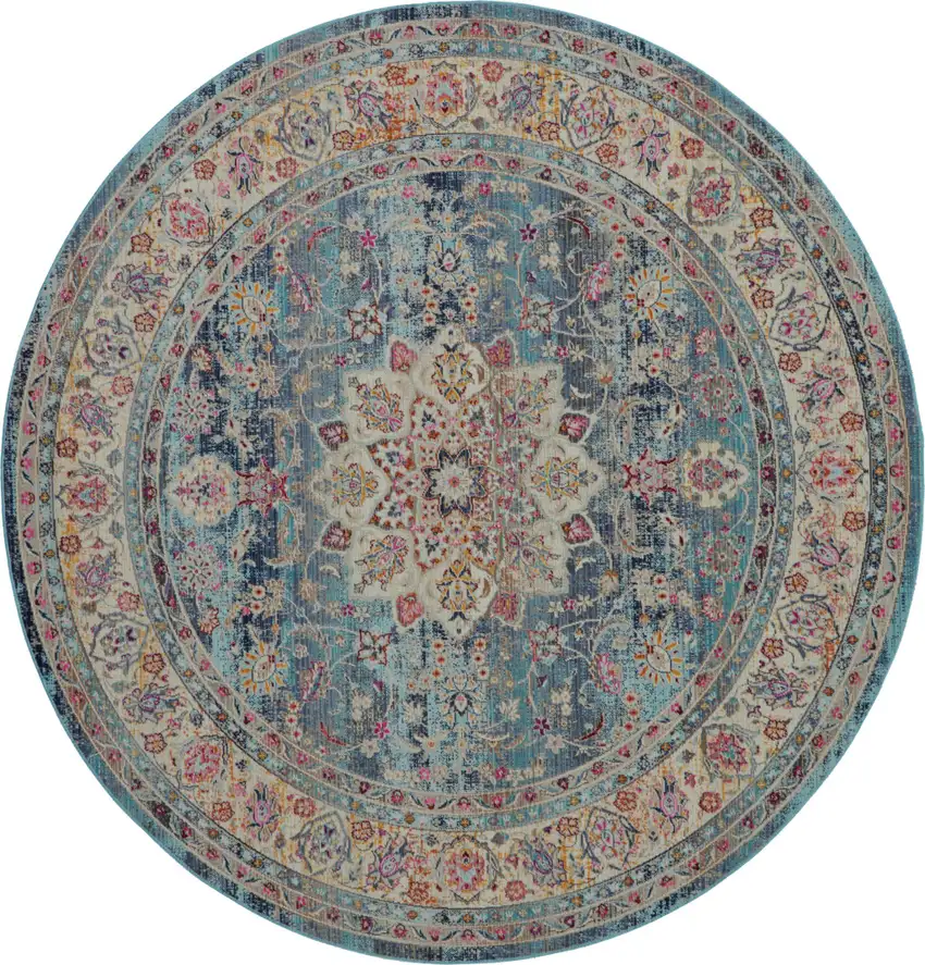 4' Blue And Beige Floral Distressed Round Rug Photo 1