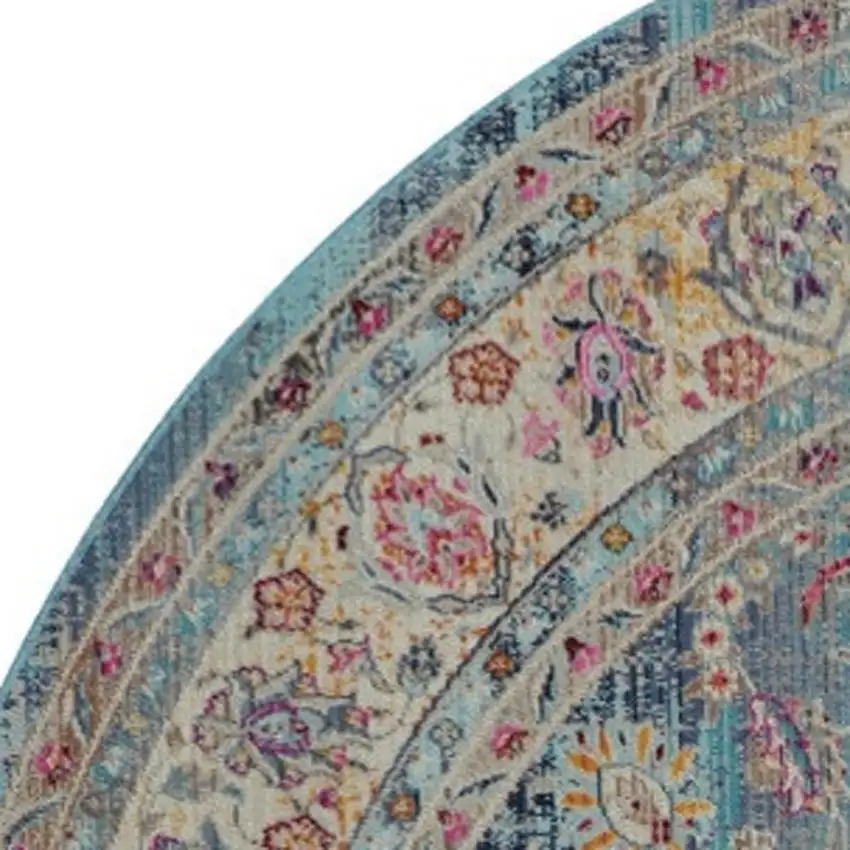 4' Blue And Beige Floral Distressed Round Rug Photo 8