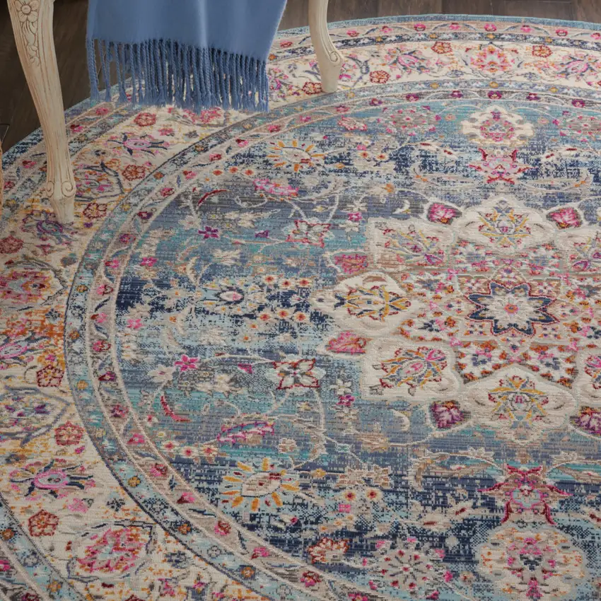 4' Blue And Beige Floral Distressed Round Rug Photo 5