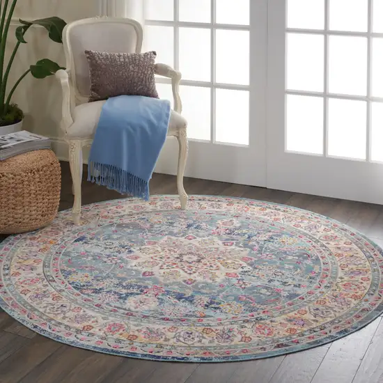 4' Blue And Beige Floral Distressed Round Rug Photo 7