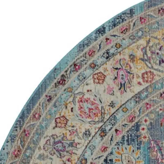 4' Blue And Beige Floral Distressed Round Rug Photo 4