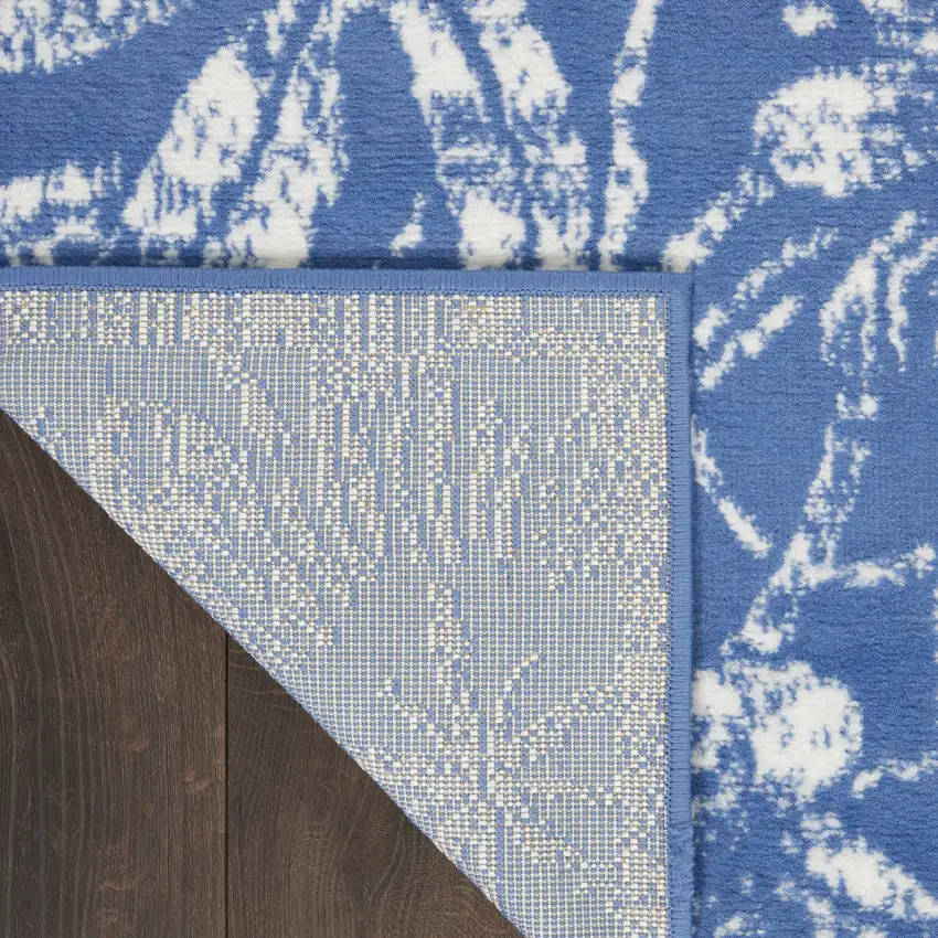 6' Blue And Beige Floral Distressed Runner Rug Photo 9