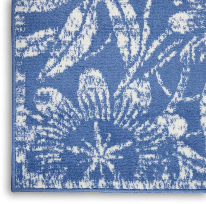 6' Blue And Beige Floral Distressed Runner Rug Photo 8