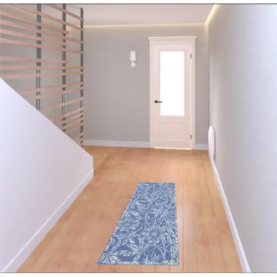 6' Blue And Beige Floral Distressed Runner Rug Photo 1