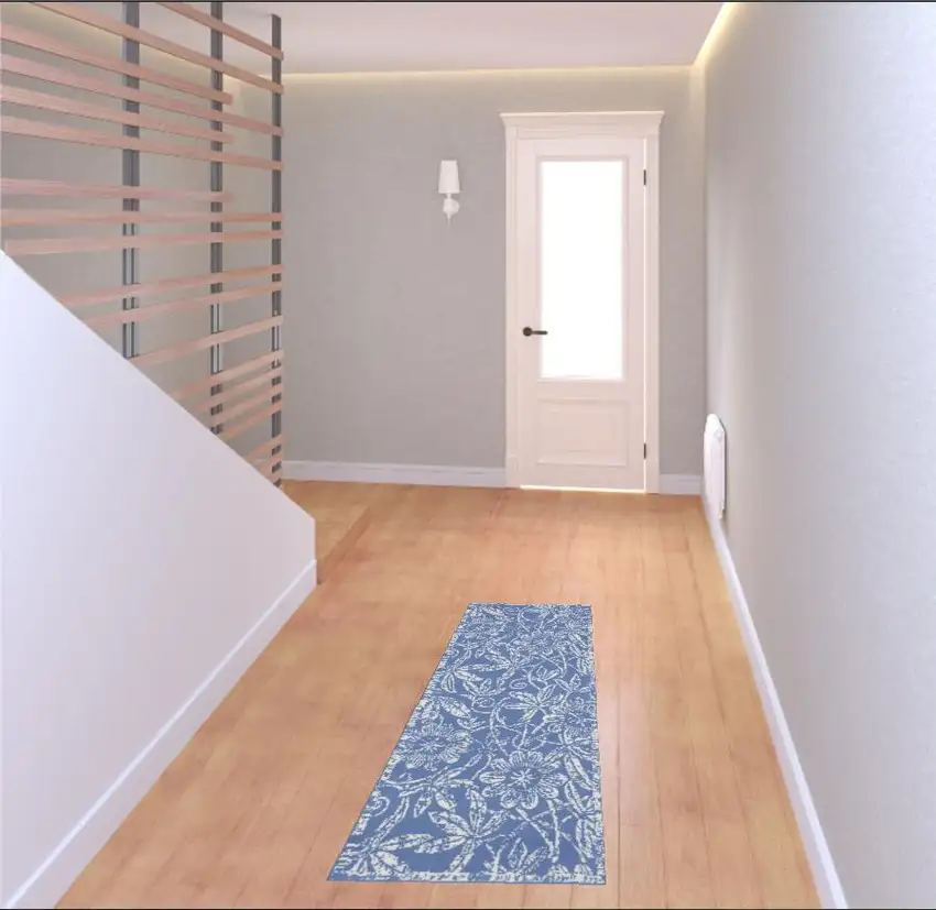 6' Blue And Beige Floral Distressed Runner Rug Photo 1