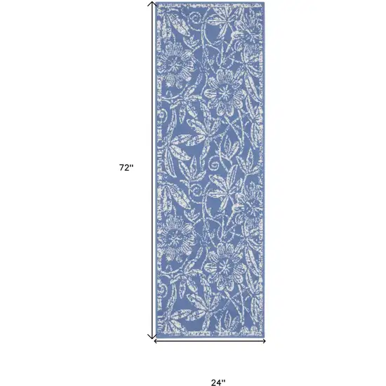6' Blue And Beige Floral Distressed Runner Rug Photo 3