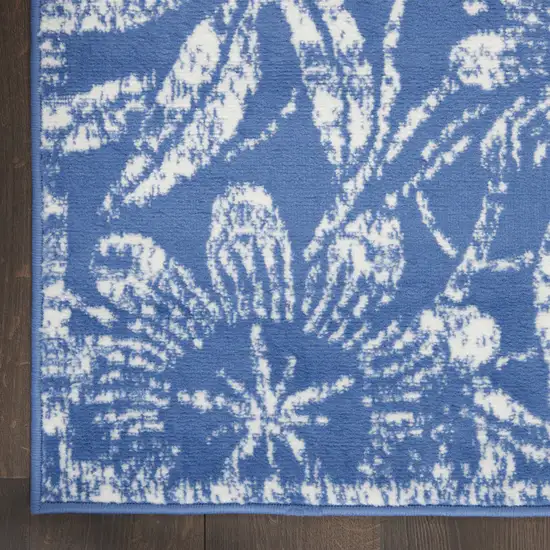 6' Blue And Beige Floral Distressed Runner Rug Photo 9