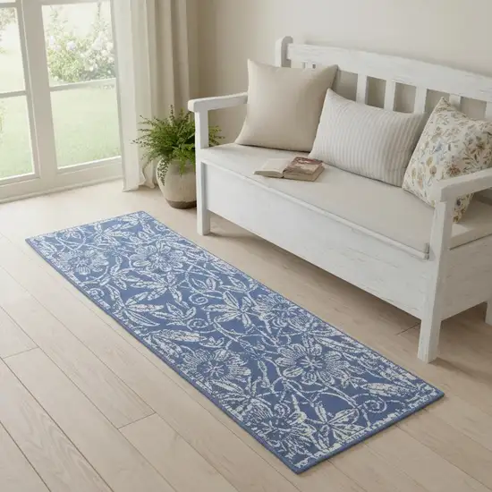 6' Blue And Beige Floral Distressed Runner Rug Photo 1