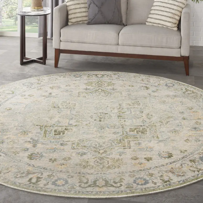 5' Blue And Beige Floral Round Rug Photo 5