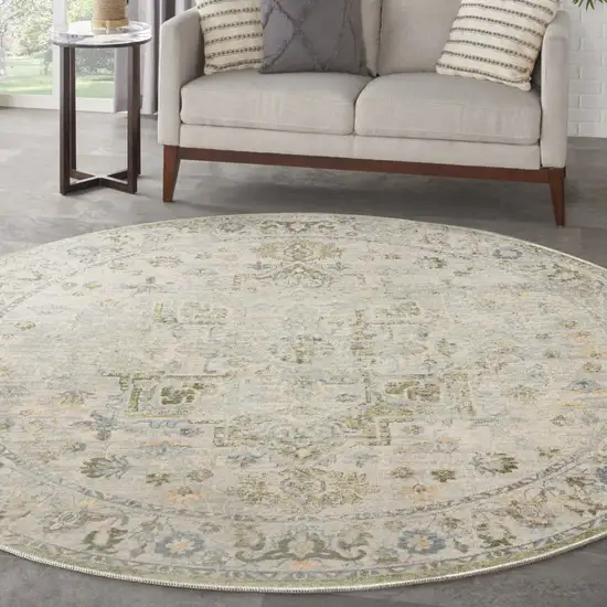 5' Blue And Beige Floral Round Rug Photo 5