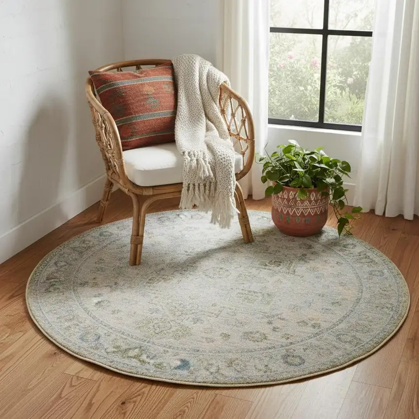 5' Blue And Beige Floral Round Rug Photo 1