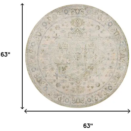 5' Blue And Beige Floral Round Rug Photo 3