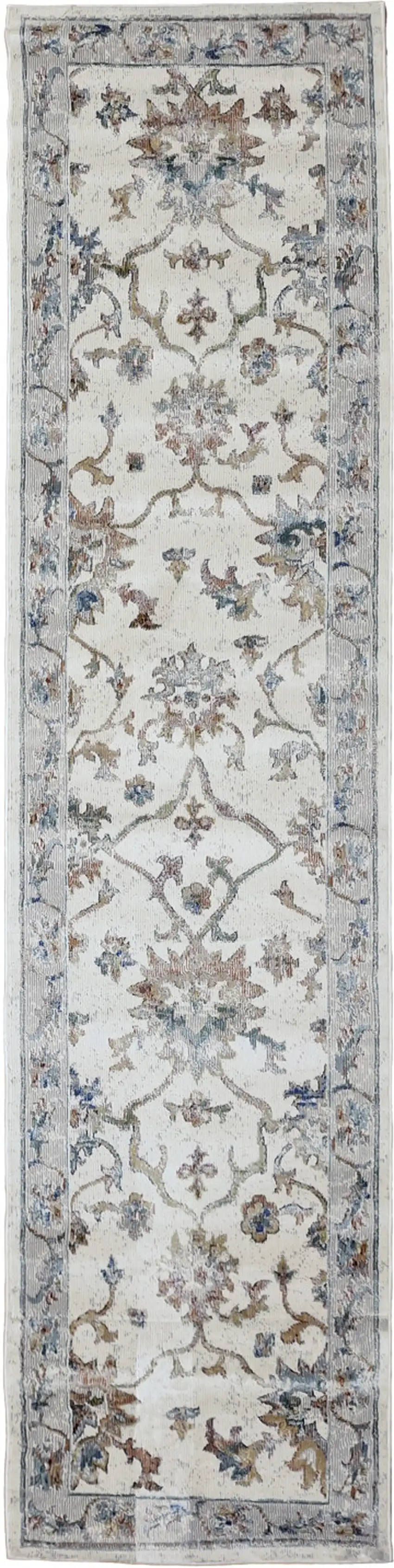 9' Blue And Beige Floral Runner Rug Photo 2