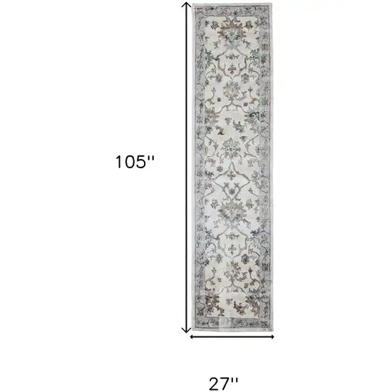 9' Blue And Beige Floral Runner Rug Photo 3