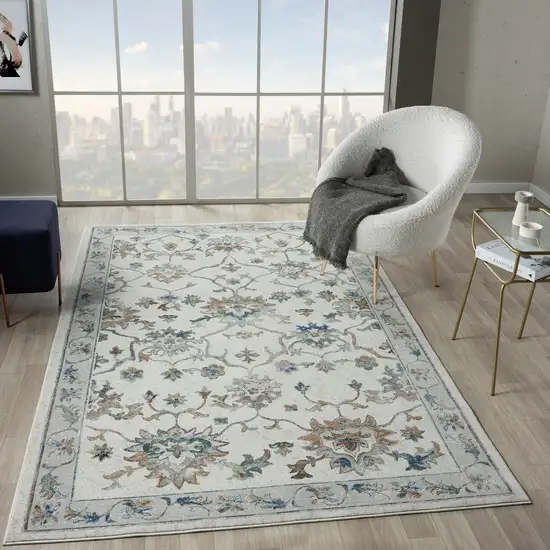 9' Blue And Beige Floral Runner Rug Photo 4